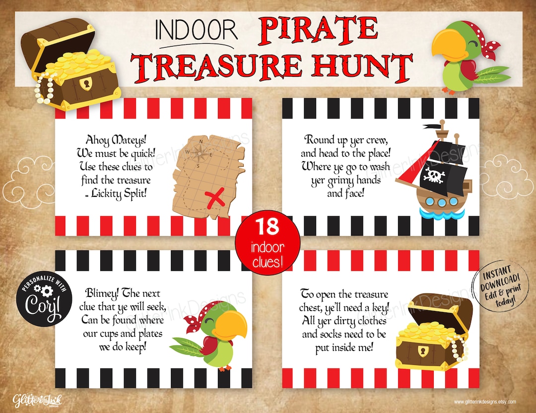 Indoor Pirate Treasure Hunt Clues for Kids With Rhyming Riddles