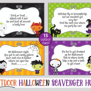 Outdoor Halloween scavenger hunt clue cards / Kids Halloween treasure hunt clues / Printable Halloween party games activity edit with Corjl image 5