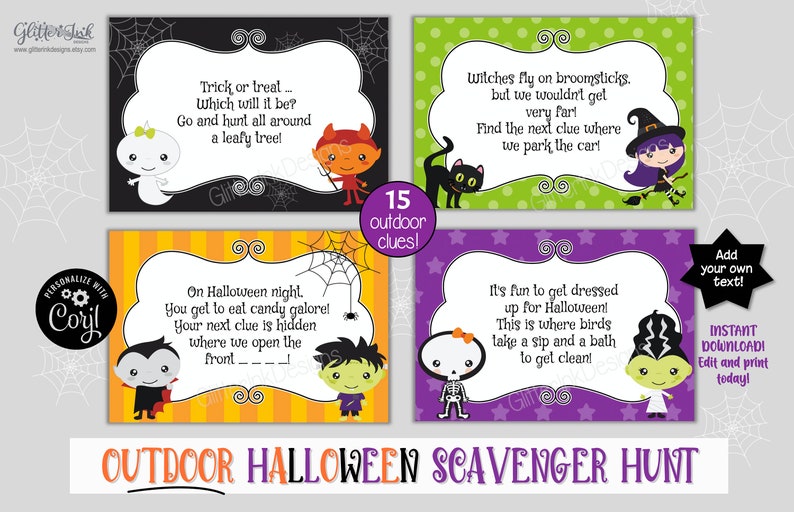 Outdoor Halloween scavenger hunt clue cards / Kids Halloween treasure hunt clues / Printable Halloween party games activity edit with Corjl image 5