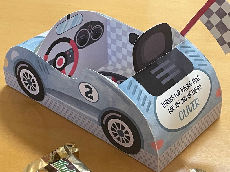Race car birthday printable favor box / Papercraft racing car candy treat box / Two fast party favors / Racing party paper toy centerpiece image 6