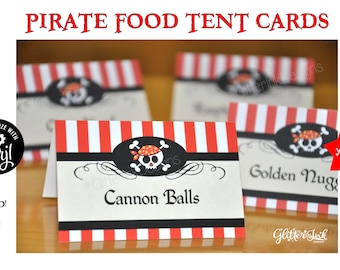 Pirate party printable food tent cards and labels, Editable birthday buffet table name tags, Edit and download with Corjl