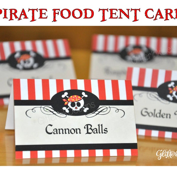 Cartes de tente de nourriture de fête pirate / Cartes de table de buffet d'anniversaire pirate / Étiquettes alimentaires imprimables pirate - modifiez et imprimez-vous avec Corjl