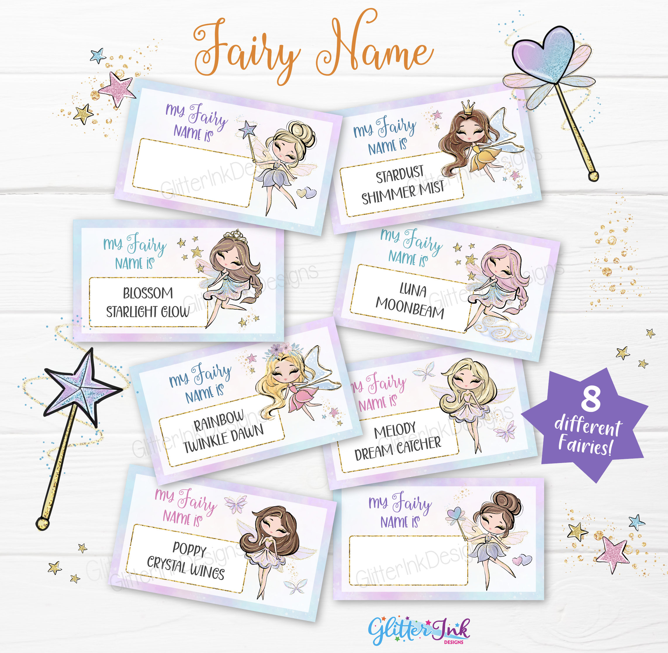 What is Your Fairy Name Game, Girl Fairy Birthday Party Game Decoration Set  (1 Sign and 30 Name Tag Stickers), Holiday Activity, Birthday Game for