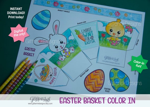 Easter Basket printable color-in mini gift favor box with bunny rabbit and hatching chick for Easter egg hunt - PDF & JPG Instant Download Il_570xn