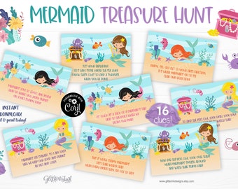 Mermaid treasure hunt / Mermaid scavenger hunt clue cards / Mermaid party kids treasure hunt clues / Under the sea birthday party games