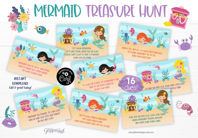 May include: A set of 16 printable mermaid treasure hunt clues. Each clue features a mermaid illustration and a rhyming verse. The clues are designed for a birthday party or other special event.