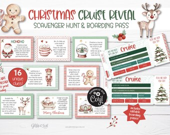 Christmas surprise cruise trip reveal scavenger hunt & boarding pass, Printable kids treasure hunt clues with Secret Santa vacation tickets