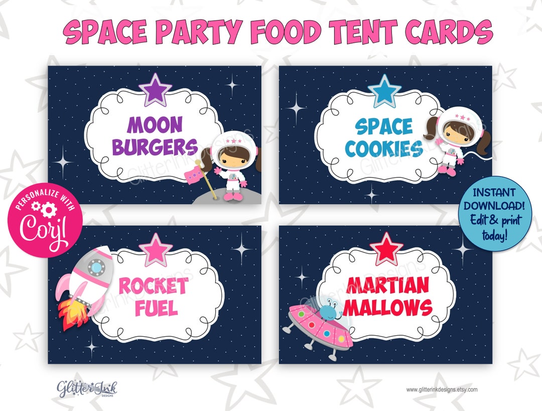 Outer Space Food Tent Cards for Girl Astronaut Theme Party, Printable ...