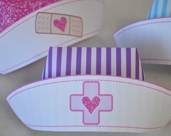 Nurse party printable decorations, Nurses hat party prop DIY papercraft template, Doc birthday first aid kit nurse cap