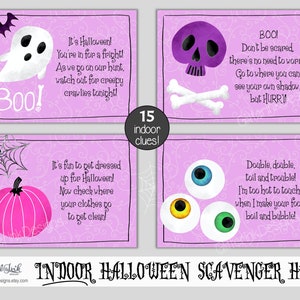 May include: A set of 15 printable Halloween scavenger hunt cards with pink and purple backgrounds. The cards feature various Halloween-themed illustrations, including a ghost, a skull and crossbones, eyeballs, and a pumpkin. The text on the cards includes rhymes and clues for a scavenger hunt.