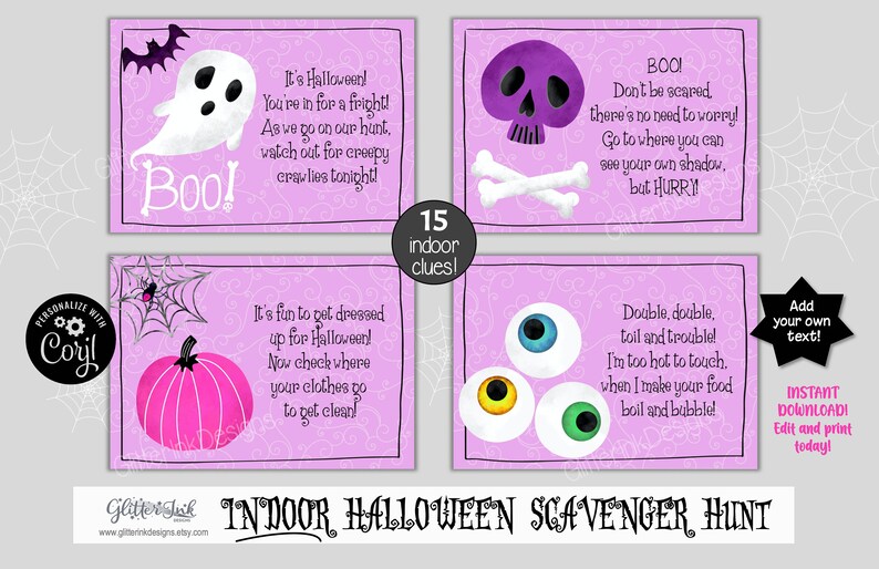 May include: A set of 15 printable Halloween scavenger hunt cards with pink and purple backgrounds. The cards feature various Halloween-themed illustrations, including a ghost, a skull and crossbones, eyeballs, and a pumpkin. The text on the cards includes rhymes and clues for a scavenger hunt.
