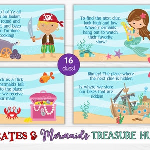Mermaid and pirate treasure hunt / Mermaid party scavenger hunt clue cards / Pirate party treasure chest hunt clues / Party games for kids image 6