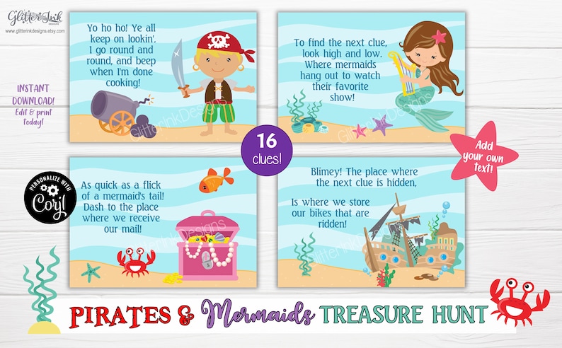 Mermaid and pirate treasure hunt / Mermaid party scavenger hunt clue cards / Pirate party treasure chest hunt clues / Party games for kids image 6