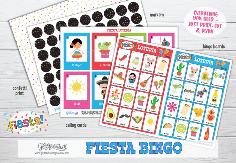 Fiesta mexicana Cinco de Mayo bingo Mexican fiesta party game Loteria mexicana Mexican party activity learn Spanish fun memory game