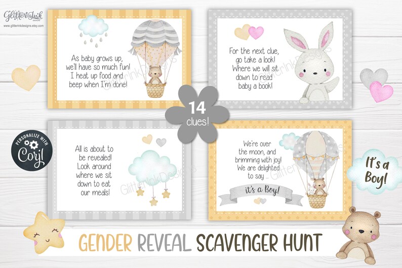 Gender reveal scavenger hunt clue cards for baby shower party games, Neutral nursery printable treasure hunt clues image 8