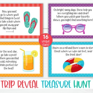 May include: A set of 16 printable cards for a trip reveal treasure hunt. The cards feature colorful illustrations of flip flops, sunglasses, a glass of lemonade, and a pool float. The text on the cards includes clues for the treasure hunt, such as "Now you must go to where you'll find things in twos! Go take a look where you put away your flip flops and -----" and "You're on a roll and there's more in store! Check where we wipe our feet, near the front door!"