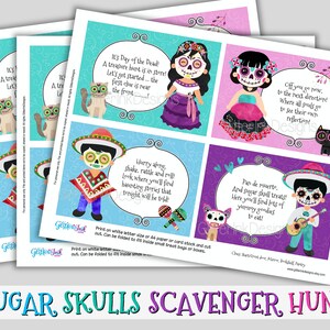 Day of the Dead scavenger hunt clue cards / Dia de los muertos sugar skulls treasure hunt clues / Halloween party games - indoor and outdoor image 3