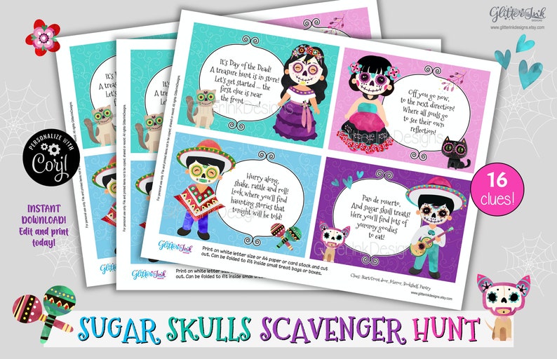 Day of the Dead scavenger hunt clue cards / Dia de los muertos sugar skulls treasure hunt clues / Halloween party games - indoor and outdoor image 3