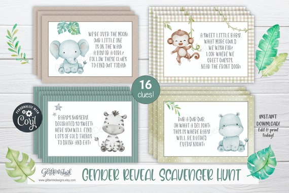 Gender reveal scavenger hunt clue cards / Gender reveal treasure hunt clues / Jungle baby shower scavenger hunt / Gender reveal games Il_570xn
