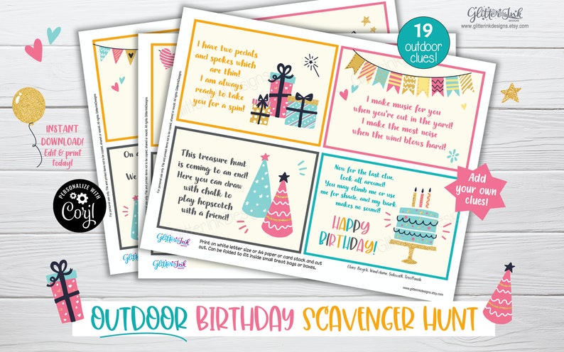 Outdoor Birthday scavenger hunt / Kids treasure hunt clues / Birthday party printable scavenger hunt clue cards for outside party games image 6