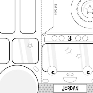 Little bus birthday printable favor box / Bus party treat box color-in / Bus party favors editable coloring page centerpiece decoration