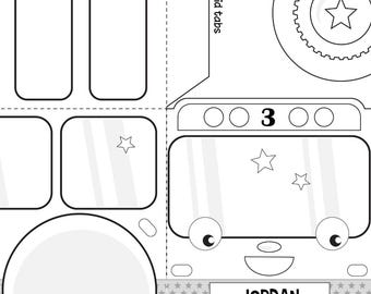 Little bus birthday printable favor box / Bus party treat box color-in / Bus party favors editable coloring page centerpiece decoration