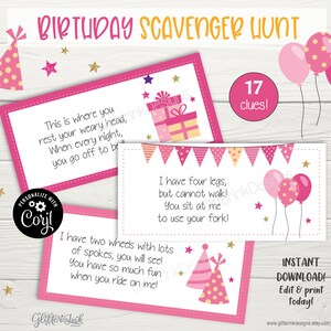 May include: Pink and gold birthday scavenger hunt game with 17 clues. The clues are printed on pink cards with illustrations of a bed, a chair, a bicycle, and balloons. The text on the cards reads: "This is where you rest your weary head, when every night, you go off to bed." and "I have four legs, but cannot walk! You sit at me to use your fork!" and "I have two wheels with lots of spokes, you will see! You have so much fun when you ride on me!"