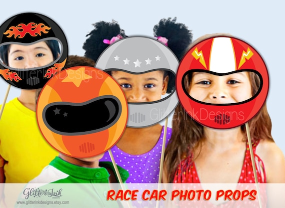 Race car party PDF printable racing car photo booth props - driver helmet, steering wheel, chequer flag, trophy, champion badge Il_570xn
