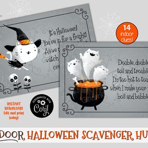 May include: Printable Halloween scavenger hunt game with 14 clues. The cards feature cute illustrations of a cat with a witch's hat and a cauldron with ghosts. The text on the cards reads "It's Halloween! You're in for a fright!" and "Double, double, toil and trouble! I'm too hot to touch. When I make your food boil and bubble!"