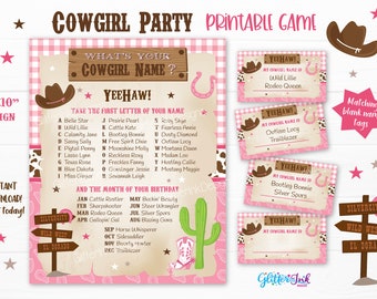 What's your Cowgirl name printable party game / Wild West party sign with name tags and foldable name cards / Rodeo birthday name generator