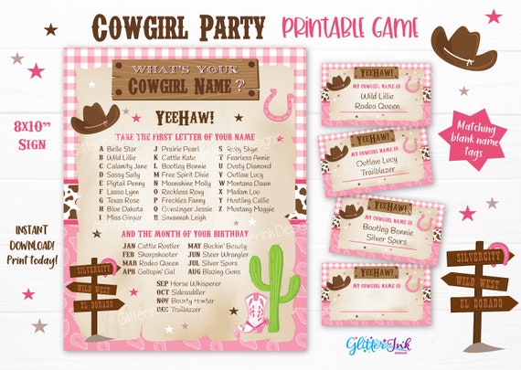 What's Your Cowgirl Name Game (1 Cowgirl Theme Sign and 30 Name Tag  Stickers), Cowgirl Game Party Decoration, Birthday Game for Kids, Family  Game-5