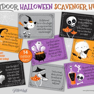 May include: A set of 14 printable Halloween scavenger hunt cards featuring cute illustrations of ghosts, cats, and skulls. The cards have instructions for an outdoor scavenger hunt with clues like "They say that bats come out at night. Search where the garden tools are kept, and see if they're  right!" and "Trick or treat... which will it be? Go and hunt all around a big leafy tree."