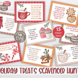 Pode incluir: Um conjunto de 15 cart&otilde;es imprim&iacute;veis para uma ca&ccedil;a ao tesouro de Natal. Os cart&otilde;es apresentam ilustra&ccedil;&otilde;es em aquarela de guloseimas de inverno, como chocolate quente, bengalas de doces e macarons. O texto nos cart&otilde;es inclui pistas para a ca&ccedil;a ao tesouro, como "Para a pr&oacute;xima pista, v&aacute; para o quarto onde voc&ecirc; encontrar&aacute; seu livro de Natal favorito."