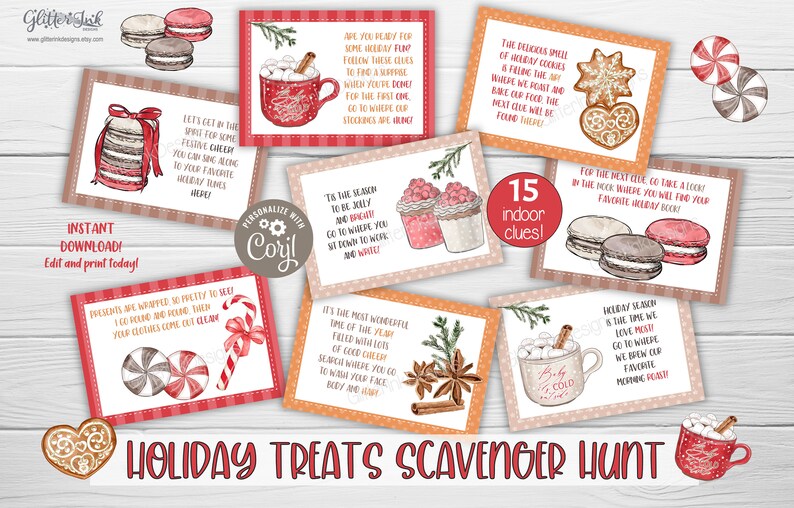 Pode incluir: Um conjunto de 15 cart&otilde;es imprim&iacute;veis para uma ca&ccedil;a ao tesouro de Natal. Os cart&otilde;es apresentam ilustra&ccedil;&otilde;es em aquarela de guloseimas de inverno, como chocolate quente, bengalas de doces e macarons. O texto nos cart&otilde;es inclui pistas para a ca&ccedil;a ao tesouro, como "Para a pr&oacute;xima pista, v&aacute; para o quarto onde voc&ecirc; encontrar&aacute; seu livro de Natal favorito."