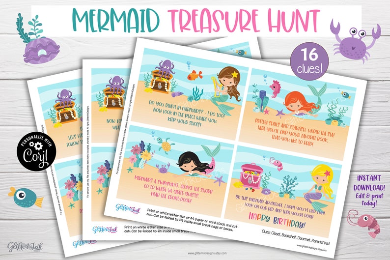 May include: A printable mermaid treasure hunt game with 16 clues. The game features colorful illustrations of mermaids, sea creatures, and treasure chests. The clues are written in a fun and engaging way, making this a great activity for a mermaid-themed birthday party.