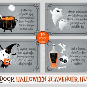May include: Four printable cards with gray backgrounds and black borders. Each card features a Halloween-themed illustration and a short rhyme. The cards are part of an indoor Halloween scavenger hunt with 14 clues.