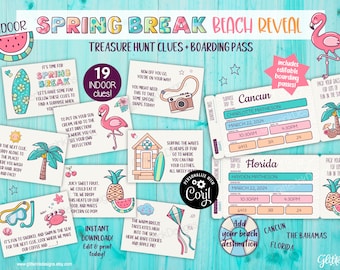 Spring break surprise trip reveal scavenger hunt & printable tickets / Beach vacation kids treasure hunt clues and editable boarding pass