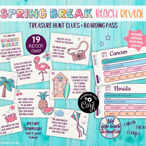 Spring break surprise trip reveal scavenger hunt & printable tickets / Beach vacation kids treasure hunt clues and editable boarding pass