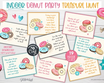 Donut Birthday indoor scavenger hunt clue cards / Donut party kids treasure hunt clues / Sweet Birthday party printable party games download