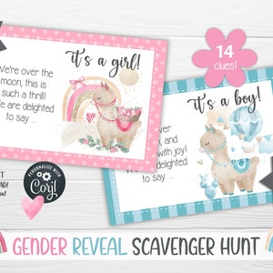 Geschlecht enthüllen Schatzsuche Hinweiskarten für Babyparty-Partyspiele, druckbare Schatzsuche-Hinweise für Lama Bild 7