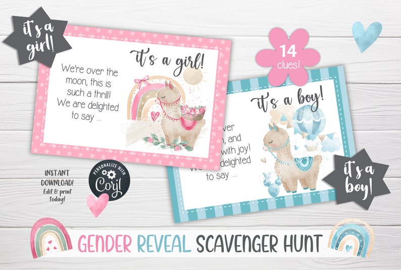 Geschlecht enthüllen Schatzsuche Hinweiskarten für Babyparty-Partyspiele, druckbare Schatzsuche-Hinweise für Lama Bild 7