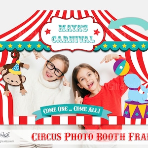 Circus carnival party printable photo booth props, Editable monkey and seal frame template - Digital Download edit with Corjl
