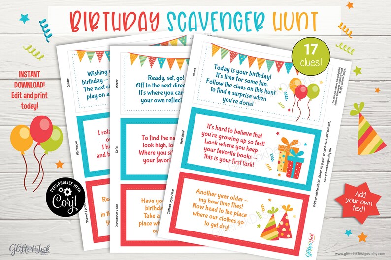 Birthday party scavenger hunt clue cards & sign / Birthday treasure hunt clues for kids / Printable birthday party game - instant download image 7