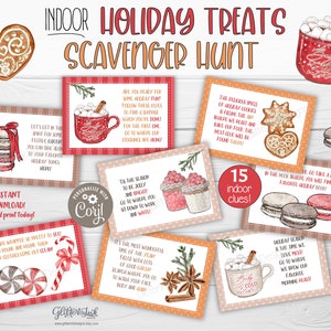 Indoor Christmas scavenger hunt for older kids, Gingerbread holiday treats Christmas treasure hunt clues, Family Christmas games printable