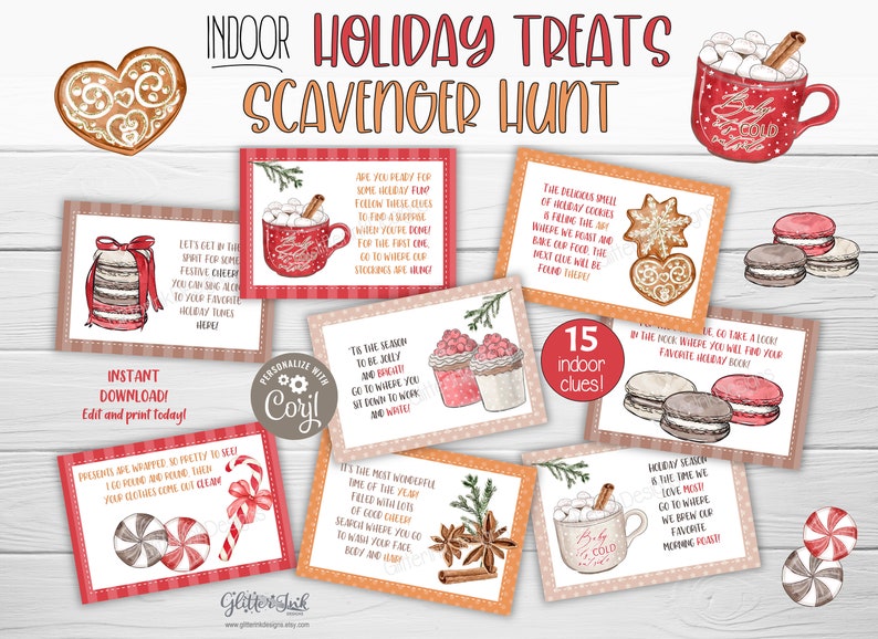 Pode incluir: Um conjunto de 15 pistas de ca&ccedil;a ao tesouro de Natal para imprimir com ilustra&ccedil;&otilde;es de aquarela. As pistas apresentam v&aacute;rios doces de Natal como biscoitos de gengibre, chocolate quente, macarons, bengalas de doces e hortel&atilde;. O texto nos cart&otilde;es diz "Ca&ccedil;a ao tesouro de guloseimas de Natal em ambientes internos" e "15 pistas em ambientes internos!"