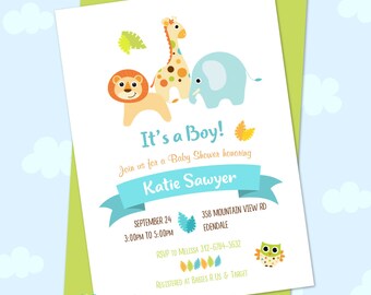 Invitación al baby shower en la jungla / Invitación al baby shower / Invitación al baby shower para el niño / Invitación al blue jungle es un niño