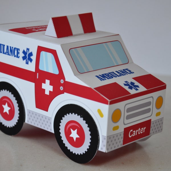 Ambulance favor box birthday party first responders emergency cupcake treat box - red and white paper toy truck or centerpiece decoration