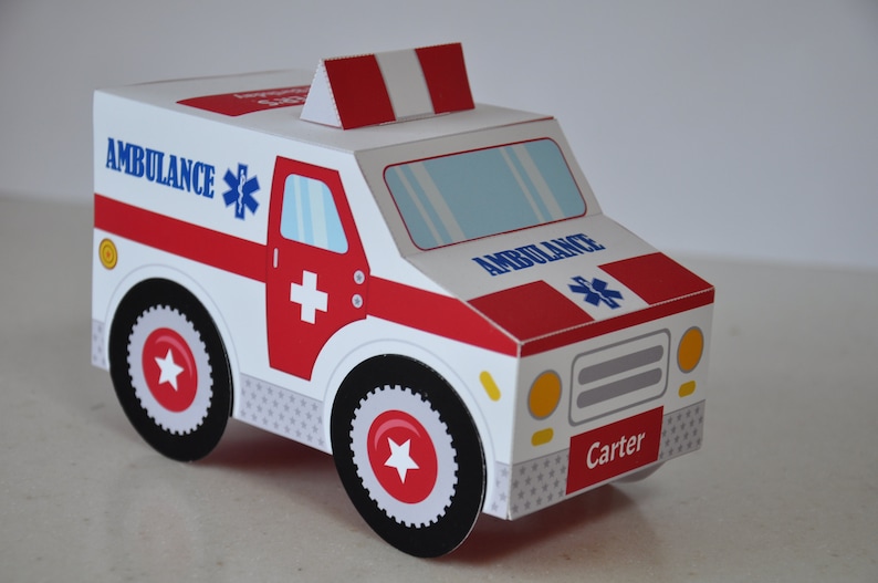 Ambulance party favor box centerpiece decoration, First responders birthday favors cupcake treat boxes, DIY printable paper toy truck image 1