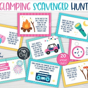 May include: A set of 20 printable cards for a glamping scavenger hunt. The cards are colourful and feature illustrations of camping gear, a campfire, and a compass. The text on the cards includes clues for the scavenger hunt, such as "You'll need a pair of these to go on a trek!" and "When the sun has gone down at the end of the day, you will need this at night to find your way."