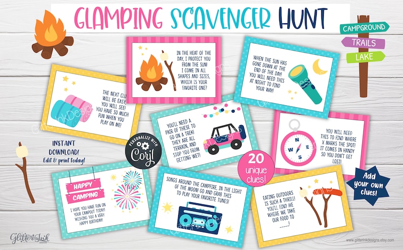 May include: A set of 20 printable cards for a glamping scavenger hunt. The cards are colourful and feature illustrations of camping gear, a campfire, and a compass. The text on the cards includes clues for the scavenger hunt, such as "You'll need a pair of these to go on a trek!" and "When the sun has gone down at the end of the day, you will need this at night to find your way."